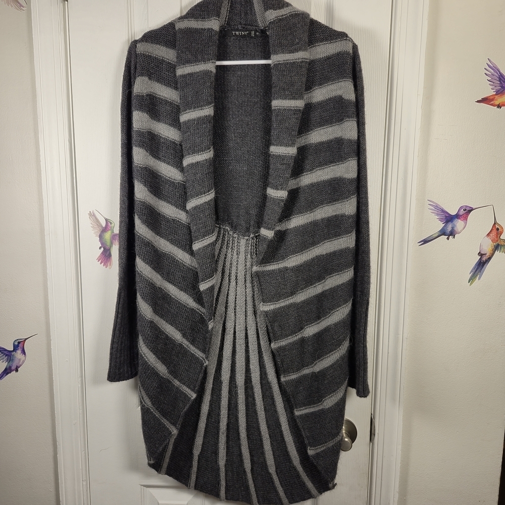 NWT Twins Made in Italy Alpaca Wool Blend Striped Pleated Long Cardigan Coatigan